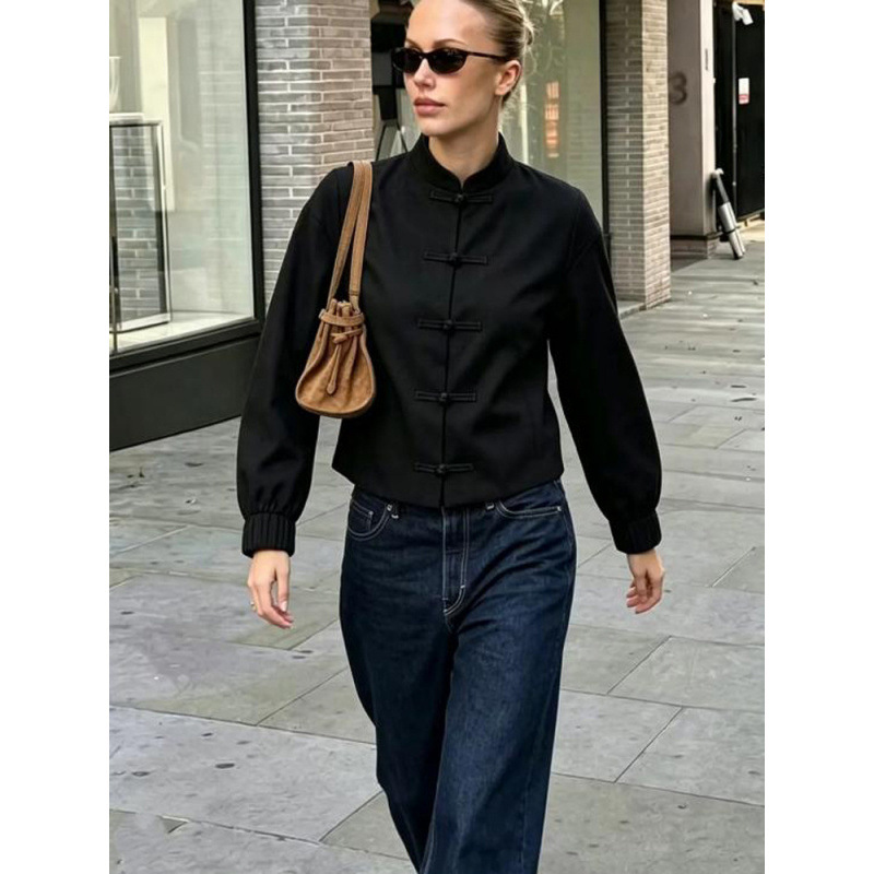 Inventario de nuevo cuello de hebilla chino delgado chaqueta de manga larga mujer 2026 ropa de mujer europea y americana comercio exterior al por mayor