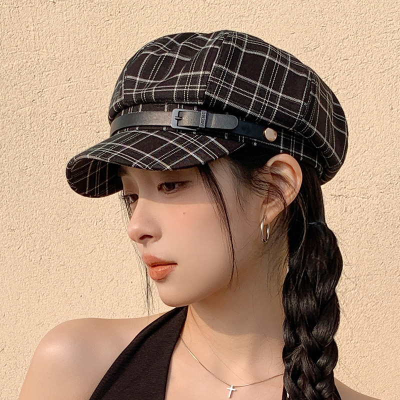 春夏八角帽子女款2025新款英倫風復古格子貝雷帽大頭圍百搭畫家帽