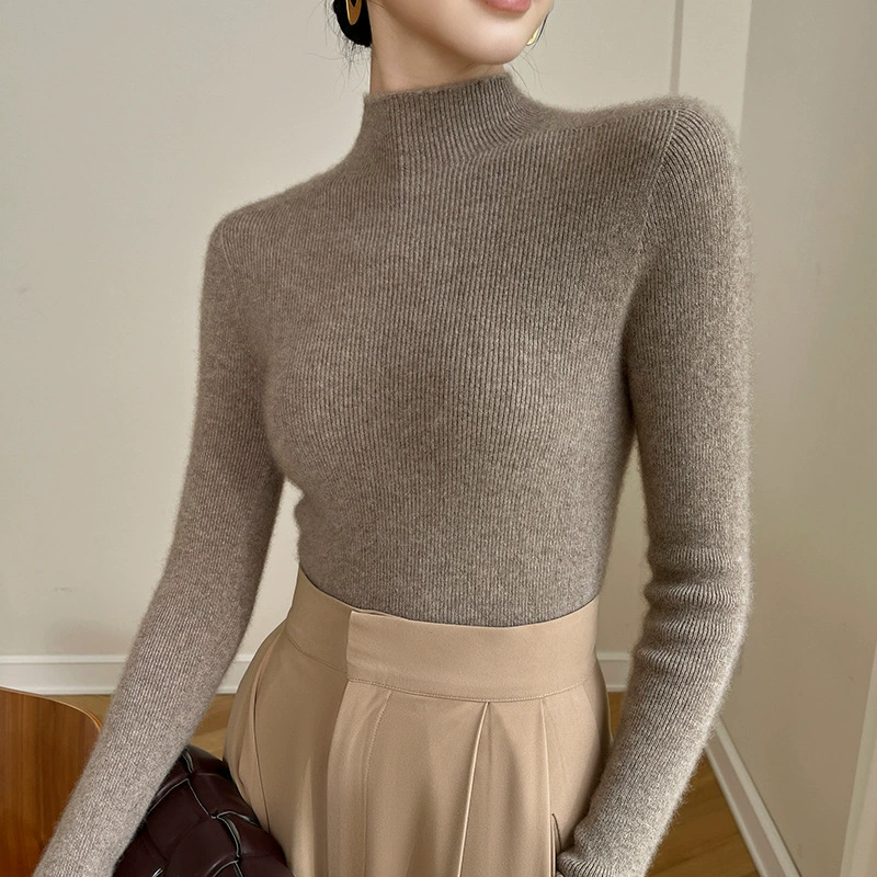 100% чистый кашемир, новый осенне-зимний свитер, женская одежда первой линии, приталенная трикотажная Базовая рубашка с вытяжным вырезом и высоким воротником