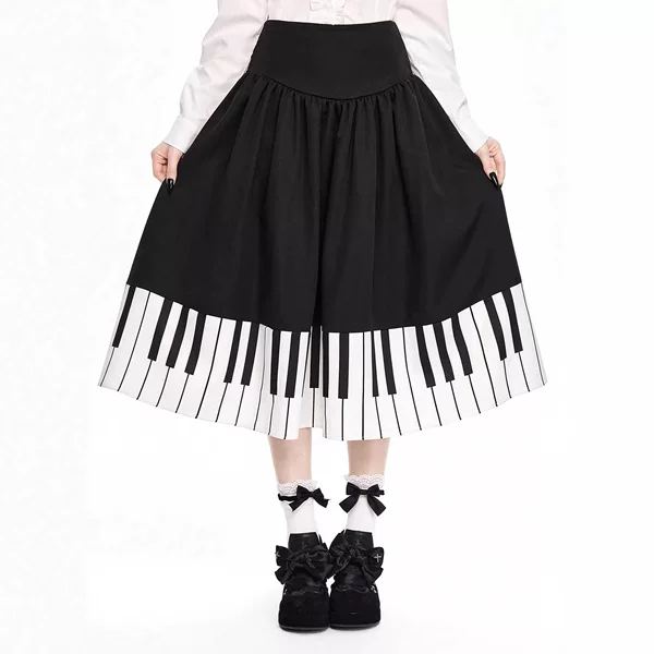 Spring/Summer 2026 New Women's Black High-Waisted Piano Key Pattern Flared Midi Skirt, Artistic Niche Retro Women's Dress