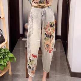 潮流女装欧货重工烫花字母牛仔裤女春夏时尚宽松百搭刺绣哈伦垮裤