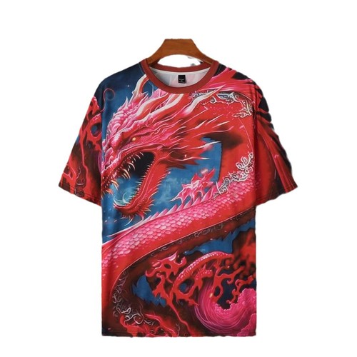 Xiangrui China Red Dragon 3D Digital Printing Summer Men's Regular Shoulder Mesh Breathable Crew Neck Loose T-Shirt