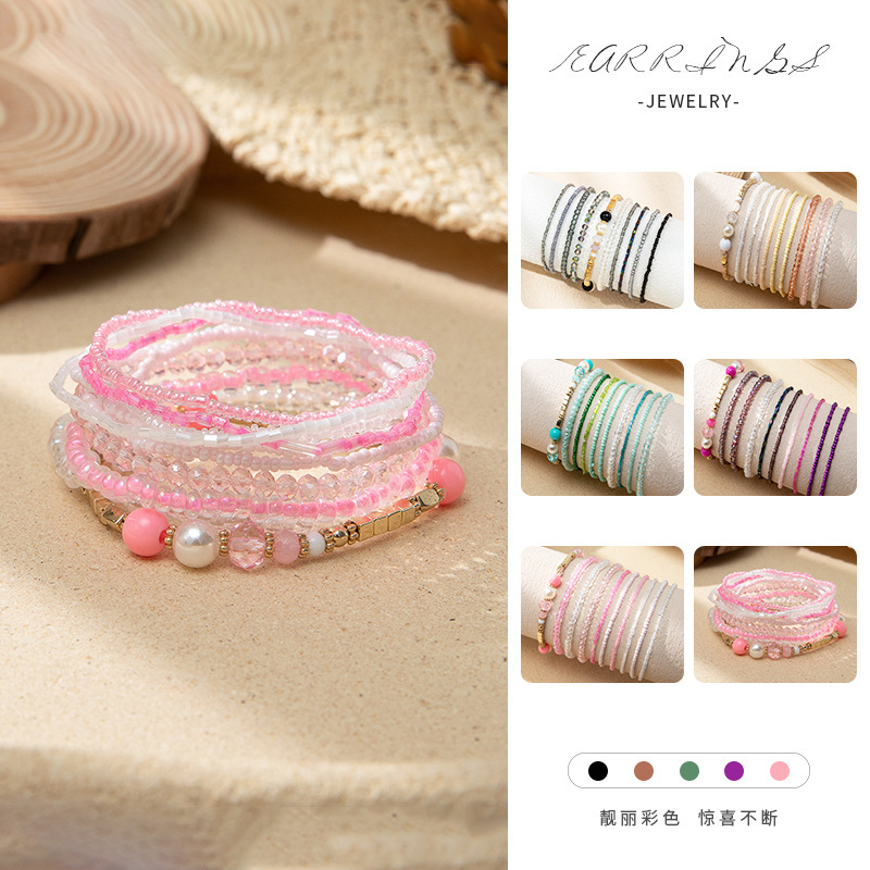 Bohemian Vacation Style Stacked Bracelets for Women, Ins-Style Design, Glass Seed Bead Elastic Bracelets, Trendy Cross-Border Supply