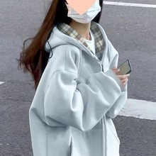 蓝色外套女款早秋韩系慵懒风厚卫衣秋季初秋穿搭加绒加厚2025新款