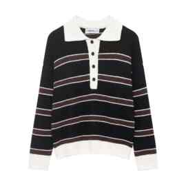 欧美复古条纹领毛衣秋冬季日系潮流宽松慵懒风针织衫毛衫图片色