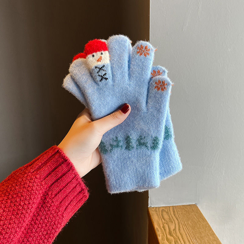 女性用ウール手袋、冬のかわいい雪だるまニット、タッチスクリーン、厚くて暖かい、サイクリング、5本指、冬用防寒綿|undefined