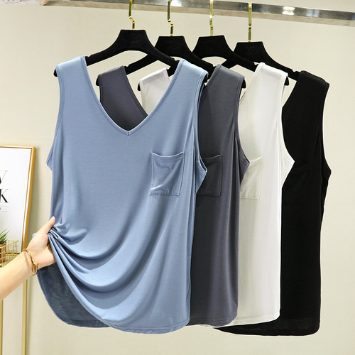 夏新款比特棉双V领口袋背心宽松宽松大码简约无袖打底衫纯色上衣