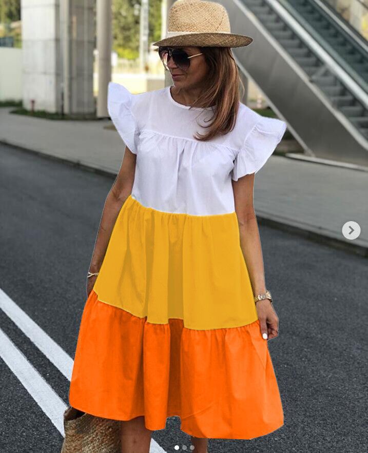2024 cross-border European and American beach three-color splicing large swing foreign trade ethnic style women's large size Simia dress