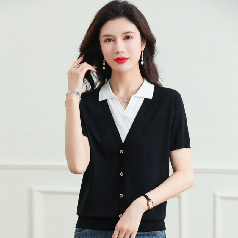 Женские летние топы 2025 года, новый стиль, модная вязаная рубашка-поло с коротким рукавом, тонкая футболка