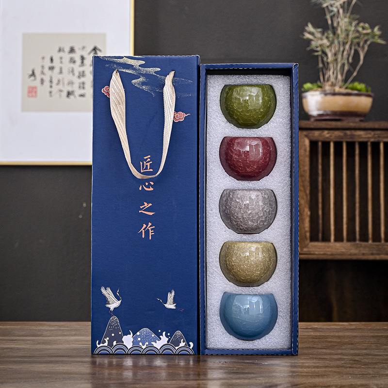 드래곤 에그 컵, 아이스 크랙 패턴, 아이스 플라워 티컵, 차 마시는 컵, 차잔, 공푸 차컵, 마스터 컵, 차 그릇, 풀세트 선물 상자