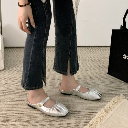 Silver flat toe toe half slippers for outer wear 2024 new summer mom Mary Jane Muller women's sandals single shoes