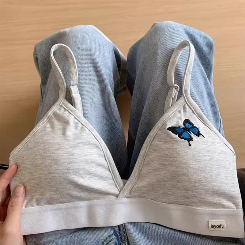 El nuevo sujetador francés de Copa triangular de lencería se reúne en un estilo deportivo simple, estampado de mariposa transpirable y sujetador delgado.