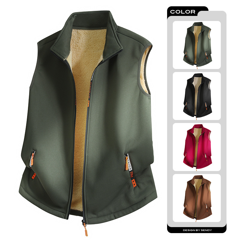 2026 autumn and winter casual loose-fit fleece-lined stand-up collar vest, trendy men's outerwear, windproof, and made of lamb wool, sleeveless