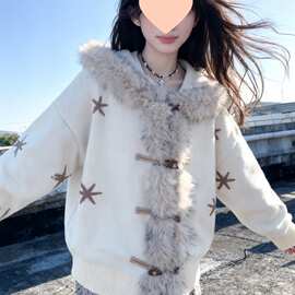 韩系复古毛领牛角扣星星提花连帽毛衣针织衫外套美式复古宽松上衣