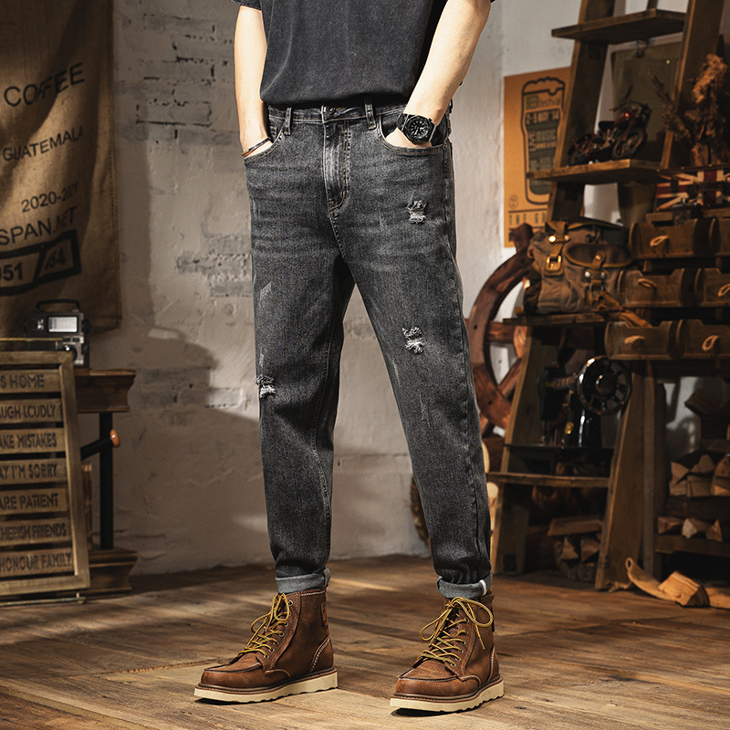 Spring and Summer Fashionable Fat Jeans Men's Elastic Ankle-length Pants Slim-fit Ripped Harem Pants Extra Large Size Men's Pants