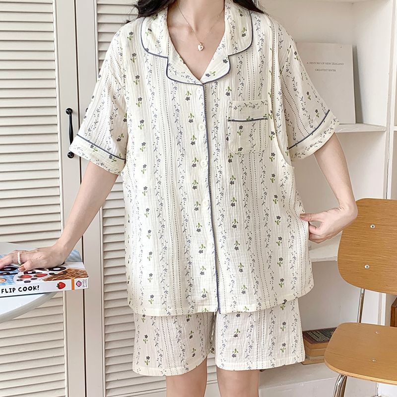 Maternity Pajamas Double-Layer 100% Cotton Summer Short-Sleeve Crepe Gauze Maternity Sleepwear Nursing Set Postpartum Loungewear Maternity Pajamas Double-Layer 100% Cotton Summer Short-Sleeve Crepe Gauze Maternity Sleepwear Nursing Set Postpartum Loungewear