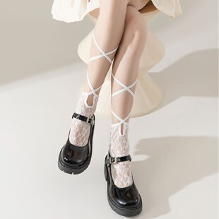 Summer Niche Girl's Lace Mid-Length Socks Strap Design Mesh Thin Japanese Lolita Solid Color Hollow-Out Socks