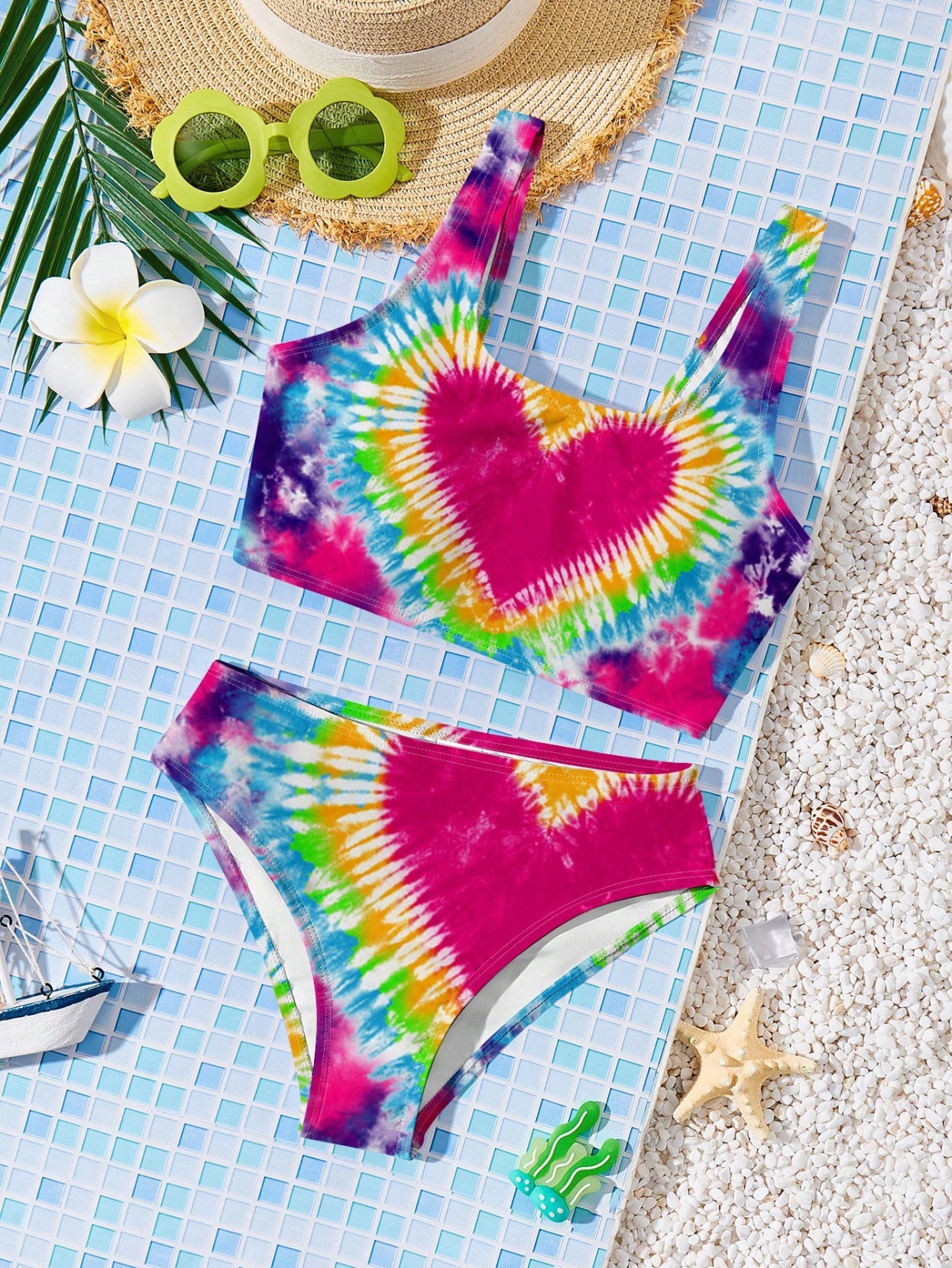 Conjunto de biquíni infantil de duas peças com estampa fofa, roupa de banho moderna para meninas de 3 a 7 anos._voghion.com
