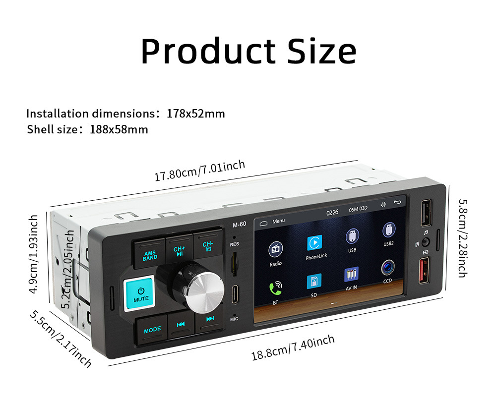 4.1inch Single-DIN Wired CarPlay Car MP5 Player Bluetooth Reversing Car Center Console Radio 12V