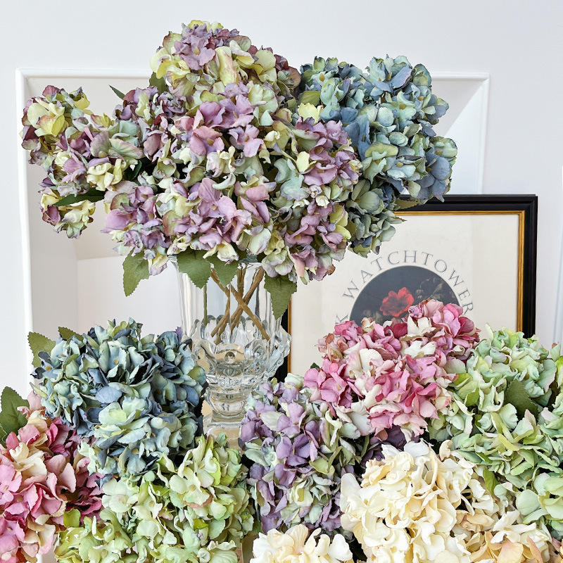 Vintage Baked Edge 5-Prong Hydrangea Artificial Flower Home Fake Flower Decoration Artificial Hydrangea Silk Flower Decorative Bouquet Wholesale
