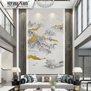 轻奢新中式山水墙布复式别墅客厅沙发壁布电视背景墙壁纸玄关墙布