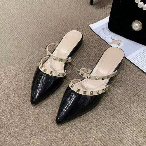 Women's White Mesh Net Slip-On Sandals with Rivets, Pointed Toe, Flat Thick Heel, One-Piece Summer Slides, New Arrival
