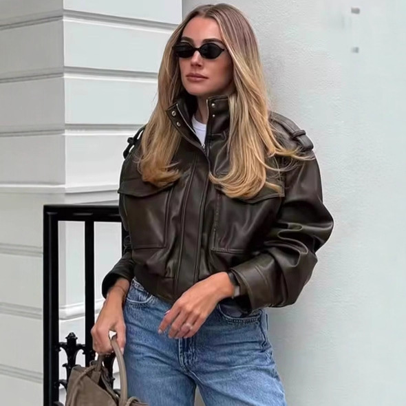 Cross-Border Export European and American Style Women's Clothing Za Aliexpress Popular Autum Retro Imitation Leather Short Jacket