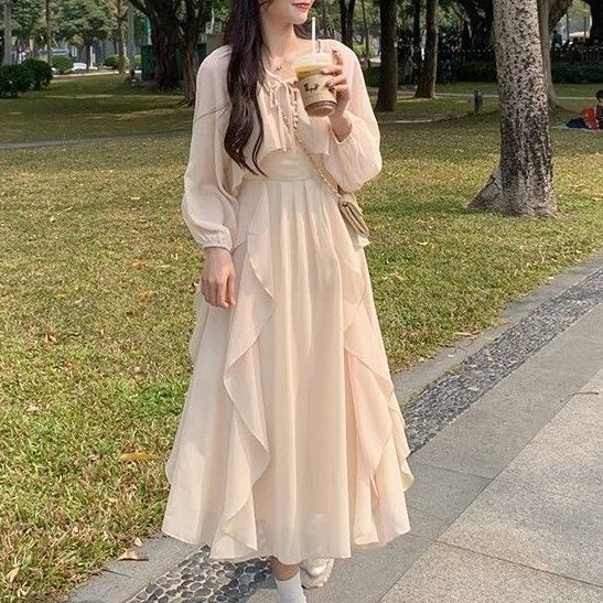温柔风收腰显瘦气质吊带连衣裙套装女+森系高级感长袖防晒开衫女|undefined