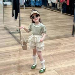 童裝女童套裝2024夏裝藍色泡泡袖鏤空針織上衣蕾絲鏤空花邊半身裙