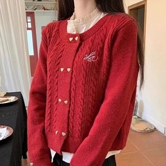 小香风外套刺绣设计感假两件宽松短款开衫红色毛衣少女风针织衫女