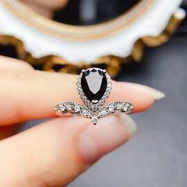 新款天然黑尖晶戒指S925银镶嵌主石6*8mm百搭网红爆款女饰批发