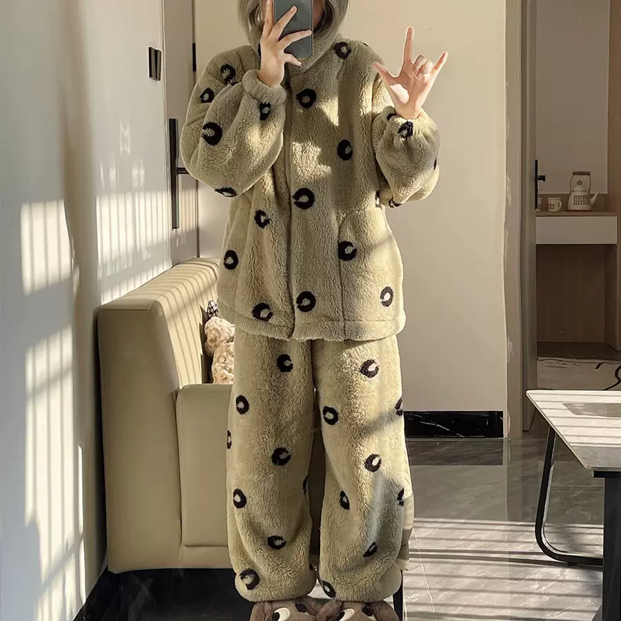 情侣珊瑚绒睡衣女拉链加厚款保暖2025新款亲肤立领家居服套装冬季