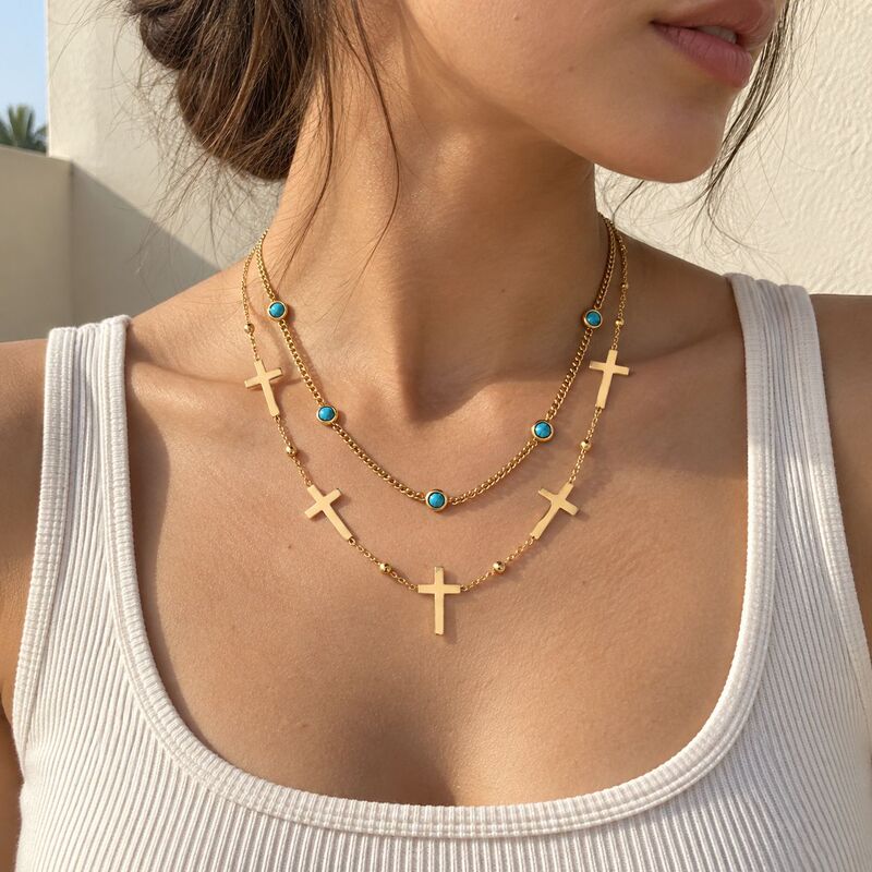 Cast Art European and American Retro Cross Turquoise Layered Double Necklace for Women, Unique Design, Cross-Border Jewelry