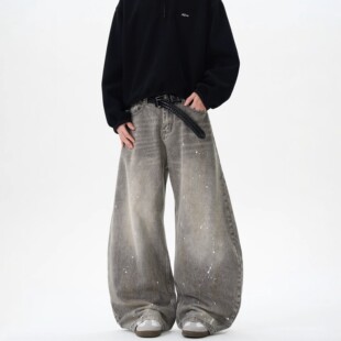 Spring and Autumn Vintage Washed Old Grey Splash Ink Scimitar Jeans Men's and Women's Trendy Brand American Style Street Loose Pants