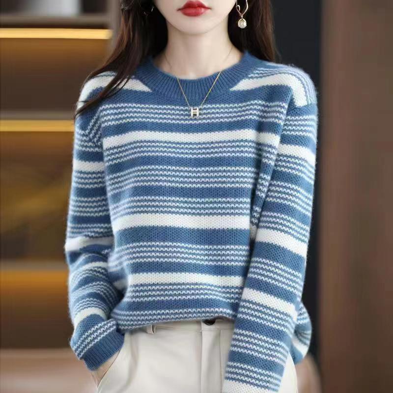 Otoño e invierno nuevo jersey suéter suave de las mujeres del todo-fósforo de las mujeres sueltas cuello redondo contraste color rayas suéter bottoming top