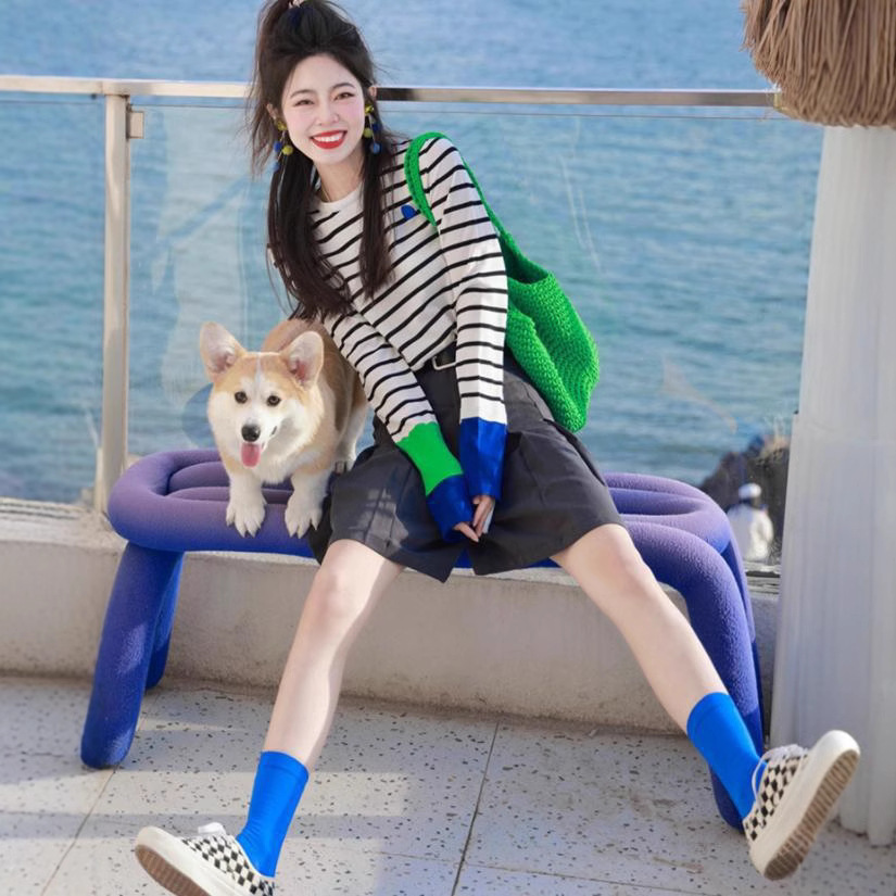 上海单农针织/春装新款羊毛针织衫圆领T恤女上衣拼色袖子条纹长袖