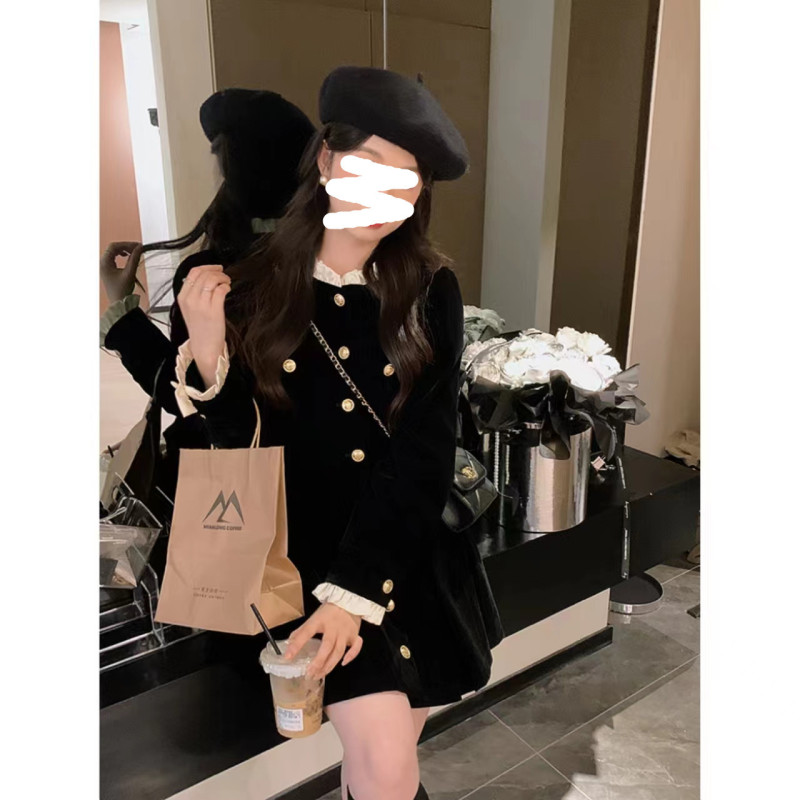法式小香赫本风黑色高级丝绒连衣裙子女秋冬季气质收腰短裙女装潮|undefined