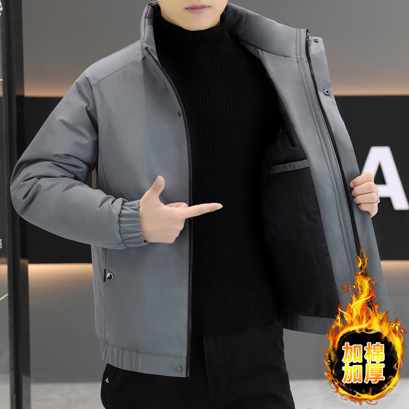 겨울 새로운 2024 면 의류 남성 수직 칼라 솔리드 컬러 두꺼운 따뜻한 코튼 코트 청소년 패션 센스 재킷