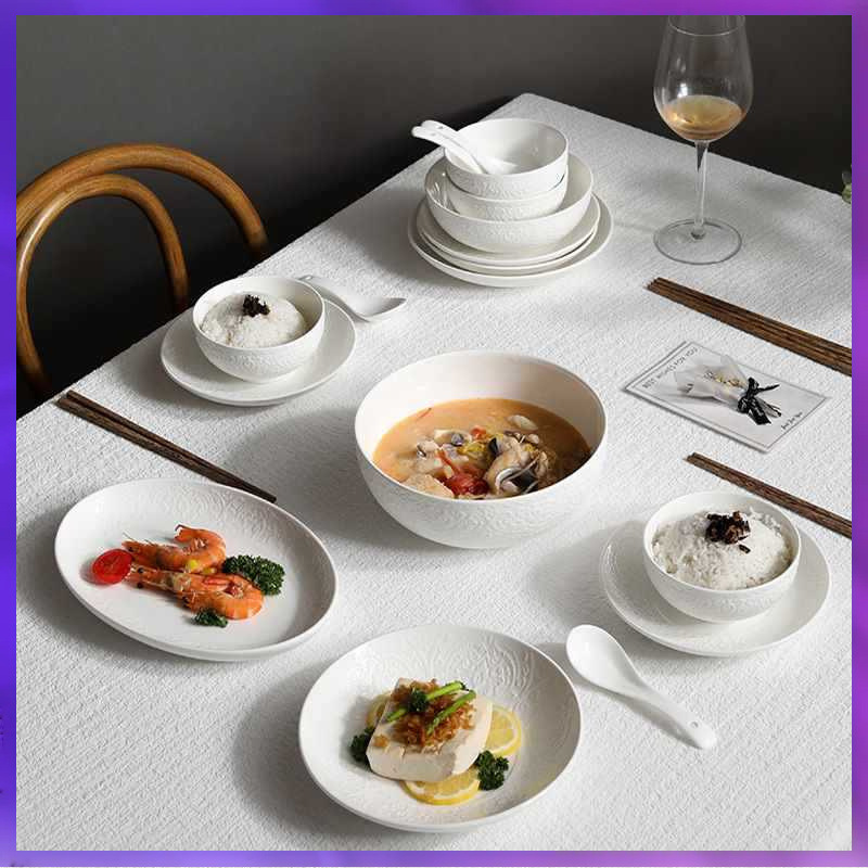 ✅ Alice Ceramic Chinese Tableware Embossed Western Dishes and Dishes Set Pure Color High-Value Rice Bowls and Dishes Set