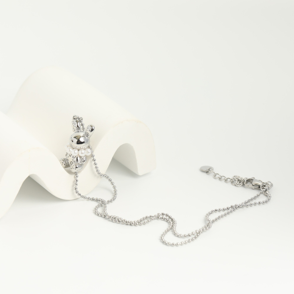 Romantique Exquis En Acier Inoxydable Mignon Lapin Avec Perle Pendentif Collier 18k Or display picture 2