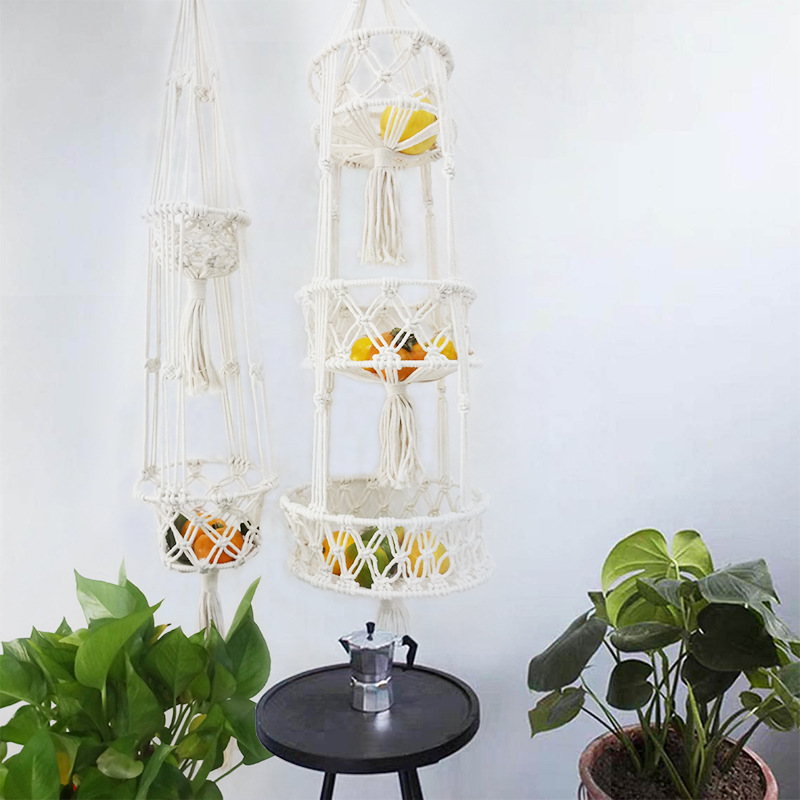 三层水果兜杂物挂兜家居装饰悬挂收纳篮三层蔬果篮棉绳编织收纳筐