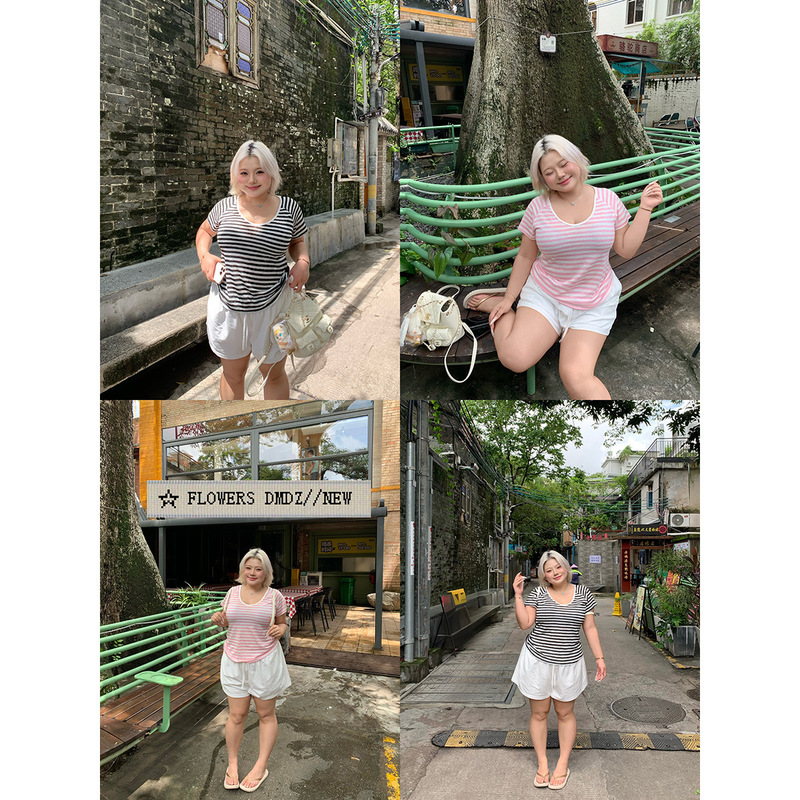 【Striped Sweetheart T】Plus-Size Color-Blocked Striped V-Neck Short-Sleeve T-Shirt, Slim-Fit, Flattering, Versatile, Casual Top 【Striped Sweetheart T】Plus-Size Color-Blocked Striped V-Neck Short-Sleeve T-Shirt, Slim-Fit, Flattering, Versatile, Casual Top