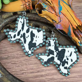 跨境亚马逊西部风地图绿松石花边耳环 复古奶牛纹皮革合金耳坠