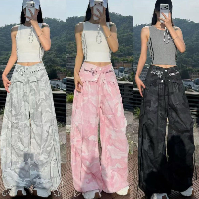 American-Style Camouflage Work Pants for Women, 2026 Summer Thin Version, Two-Piece Quick-Dry Wide-Leg Pants, High-Waisted Versatile Casual Pants