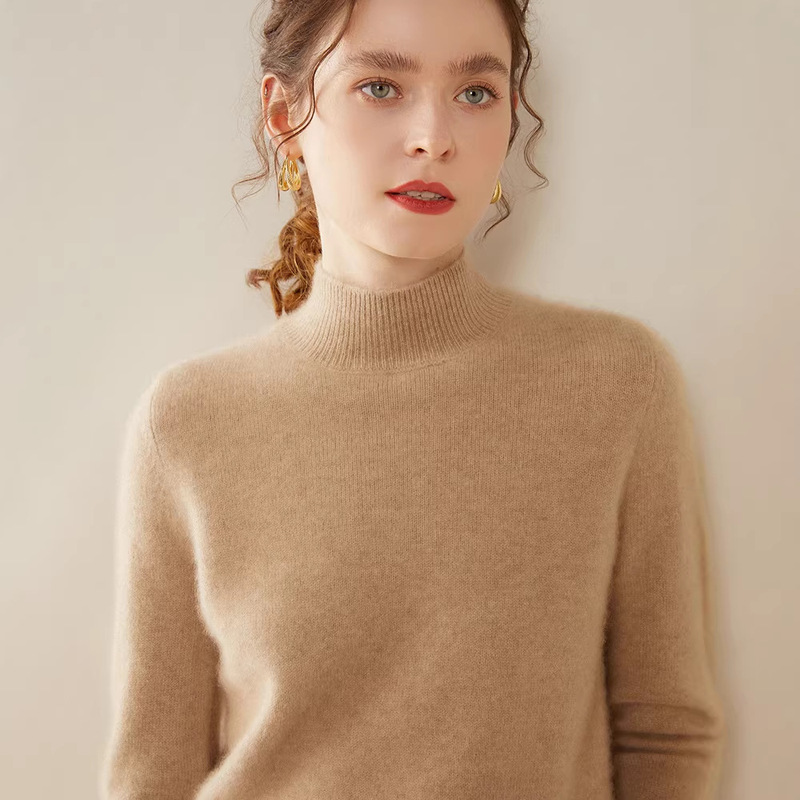 High-End Ready-To-Wear Double-Ply Thickened Half-Turtleneck 100% Pure Cashmere Sweater for Women, Loose-Fitting Knit Base Layer