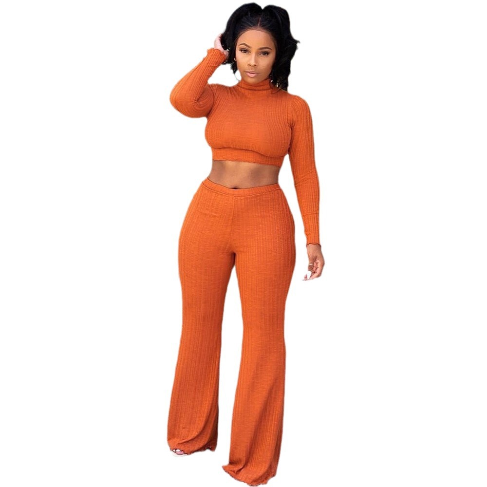 Amazon cross-border supply European and American women's cotton pit sexy long-sleeved waist wide-leg pants turtleneck sweater two-piece set