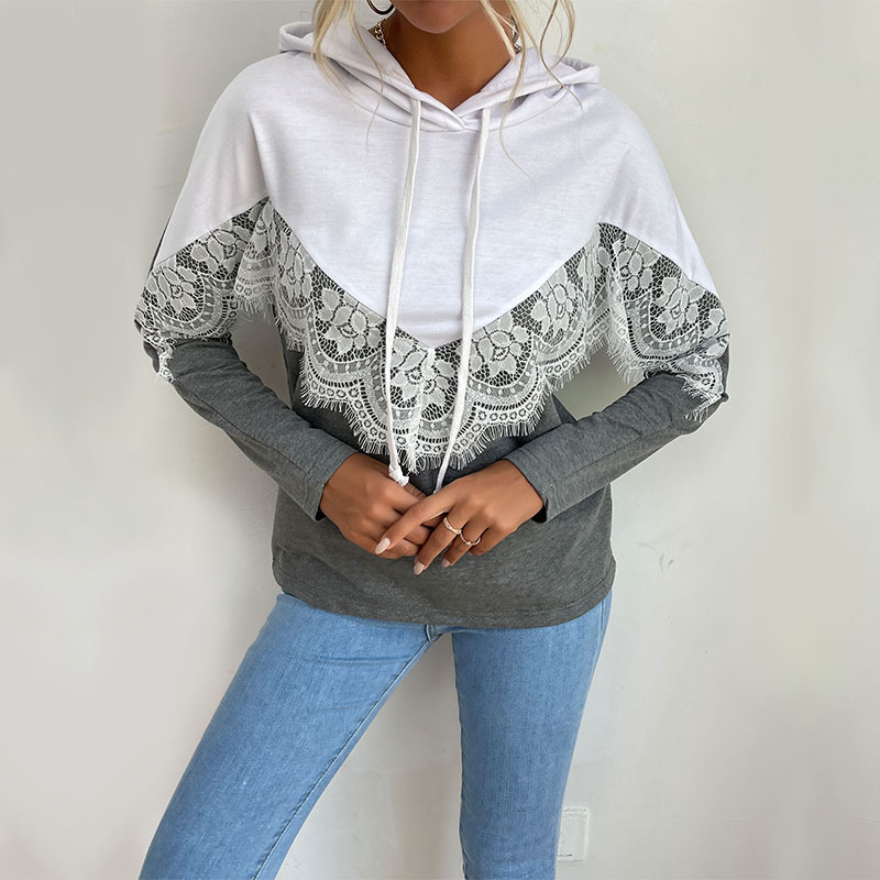 Contrast Color Lace Panel Long-sleeved Sweatshirt Hooded Pullover_voghion.com