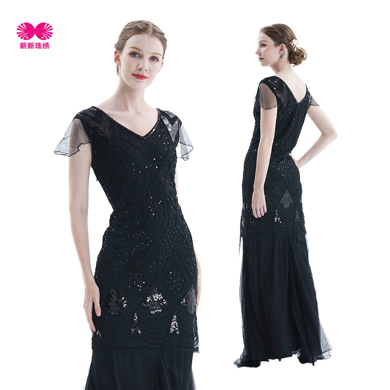 1920s Comercio exterior nuevo bordado hecho a mano con cuentas lentejuelas Amazon vestido europeo y americano banquete vestido pequeño lote