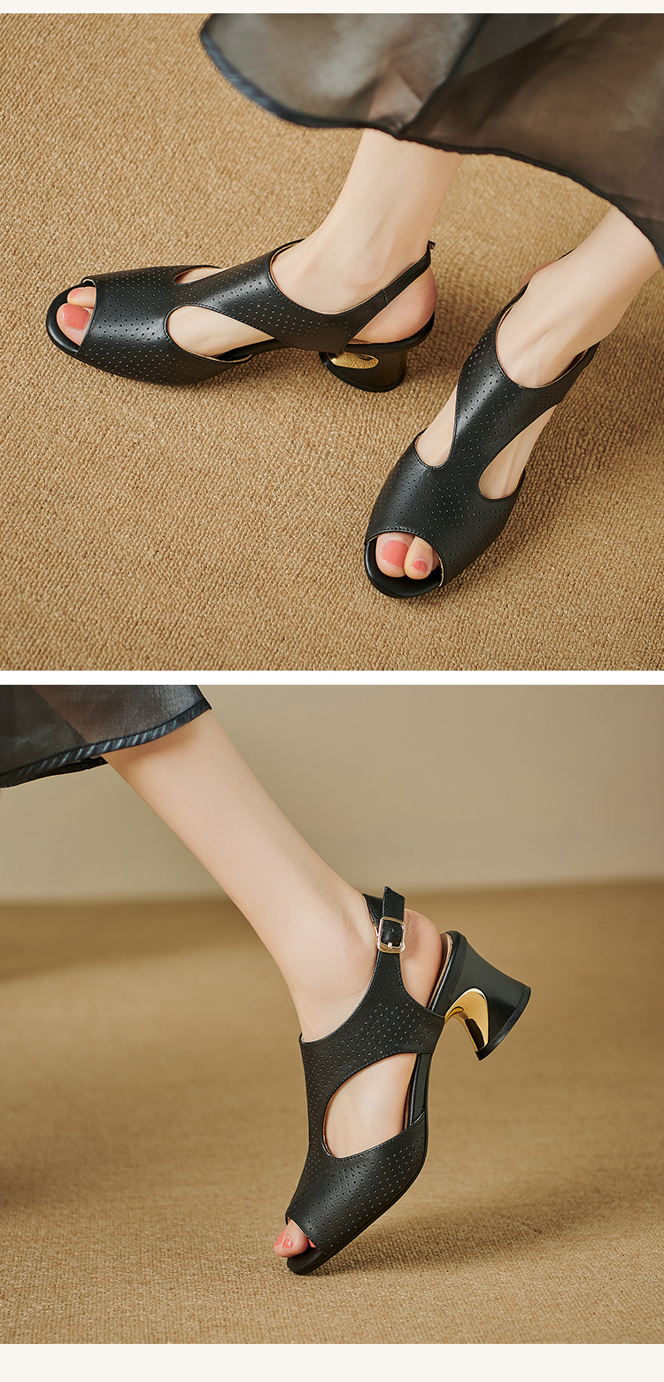Sandal nữ quai ngang khóa da bò lớp 1 gót vuông hở mũi hở gót — Màu đen chi tiết 11