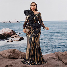 欧美亚马逊长袖亮片刺绣美人鱼晚礼服正式优雅褶边豪华串珠礼服